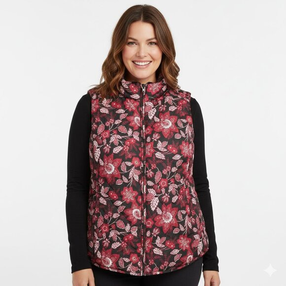 Northern Reflections Quilted Vest Lightweight Floral Red Black Full Zip Casual - Picture 1 of 7
